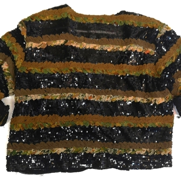 80s oversized silk striped sequins embroidered black collarless jacket - Picture 7 of 12